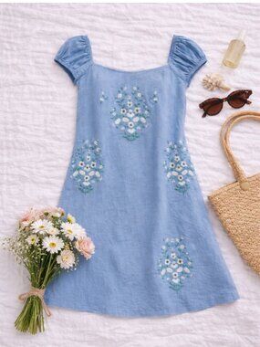 Free People Wildflower Embroidered Mini Dress Blue Boho Cottagecore Festival Lg